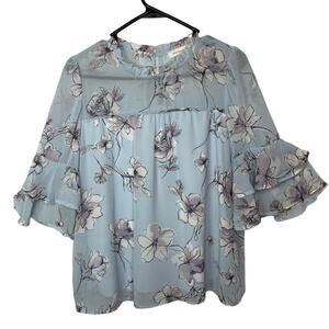 Monteau top shirt blouse women's large baby blue floral blousy sleeves feminine